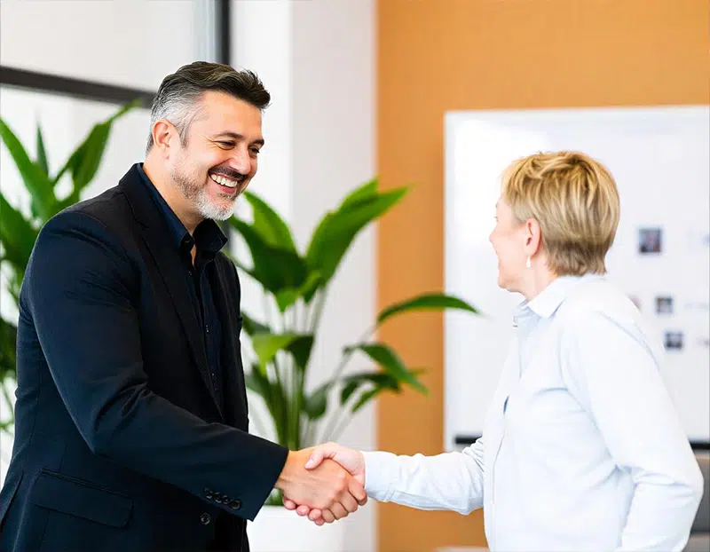 Local Windsor business owners shaking hands.