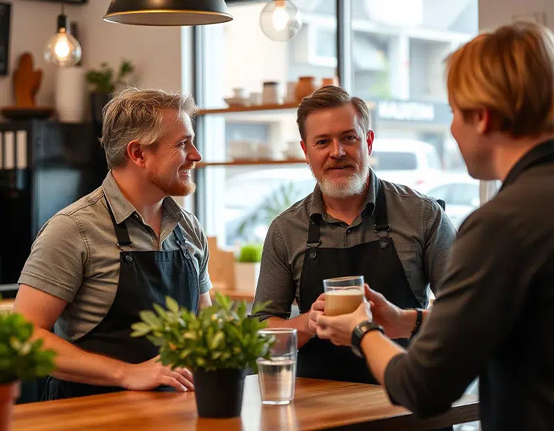 Local Windsor business owners talking in a cafe.