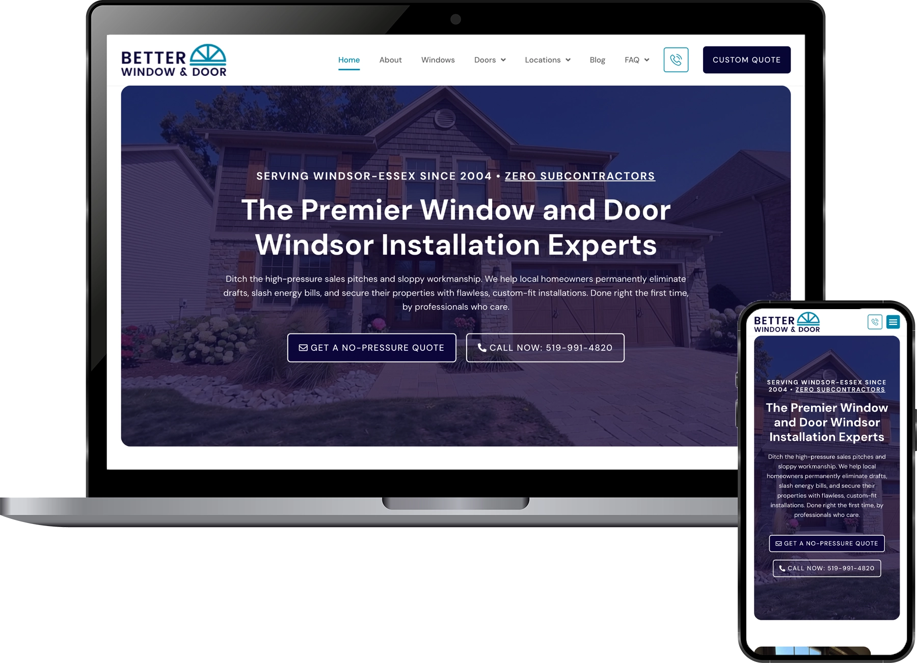 Hero image for Better Window & Door: suburban house with a blue overlay and the headline 'The Premier Window and Door Windsor Installation Experts' (home page banner).