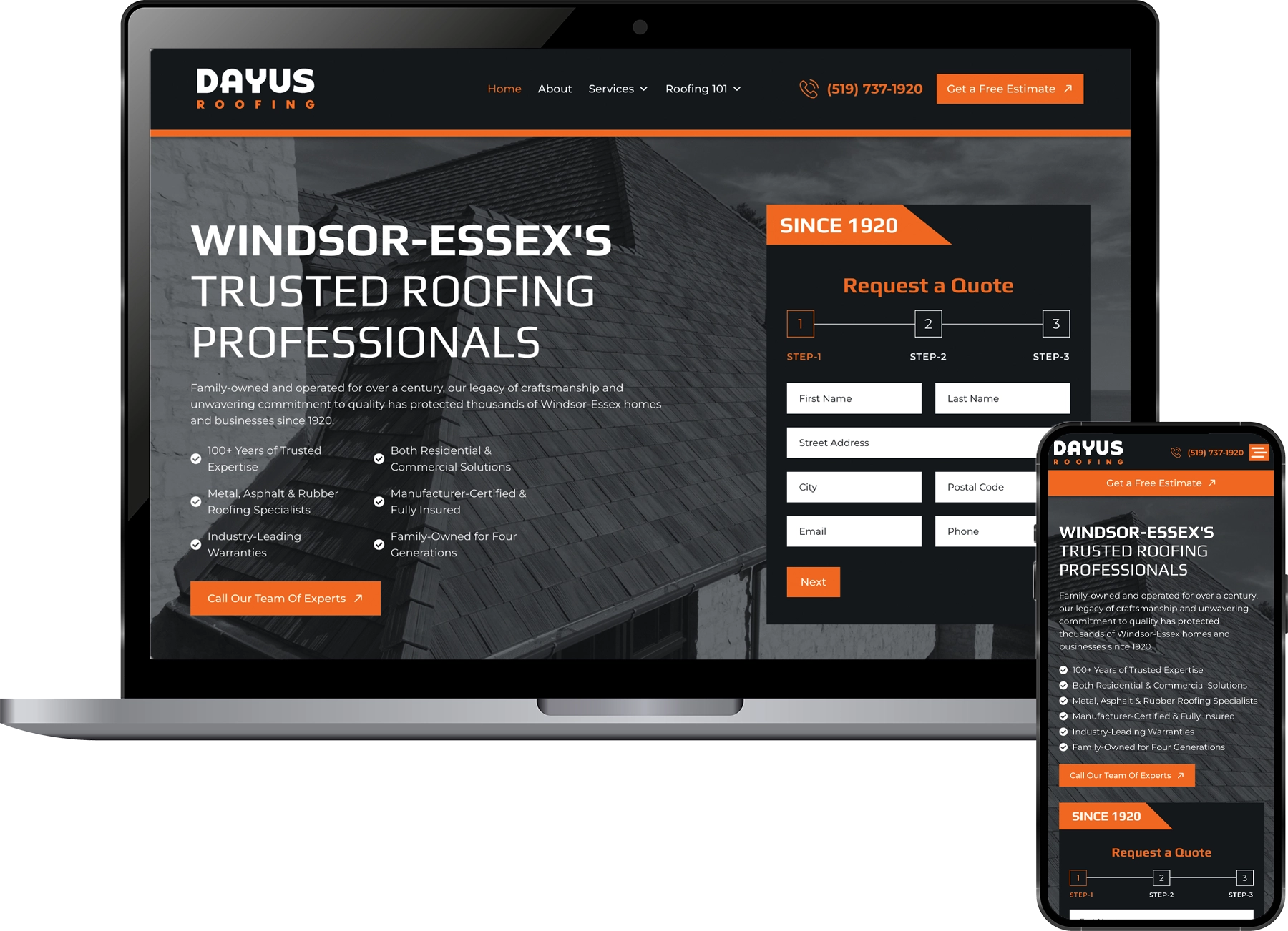 Windsor-Essex's trusted roofing professionals hero with a bold headline and a right-side quote form on a Dayus Roofing page (desktop/mobile).