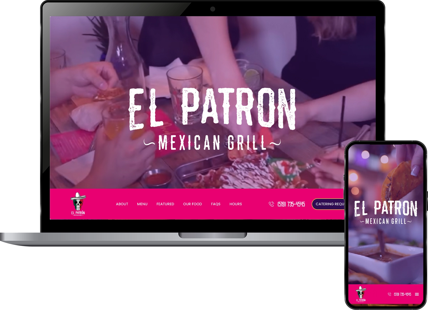 Hero image for El Patrón Mexican Grill: diners at a table with drinks and a shared platter, overlaid with bold 'EL PATRON MEXICAN GRILL' text.