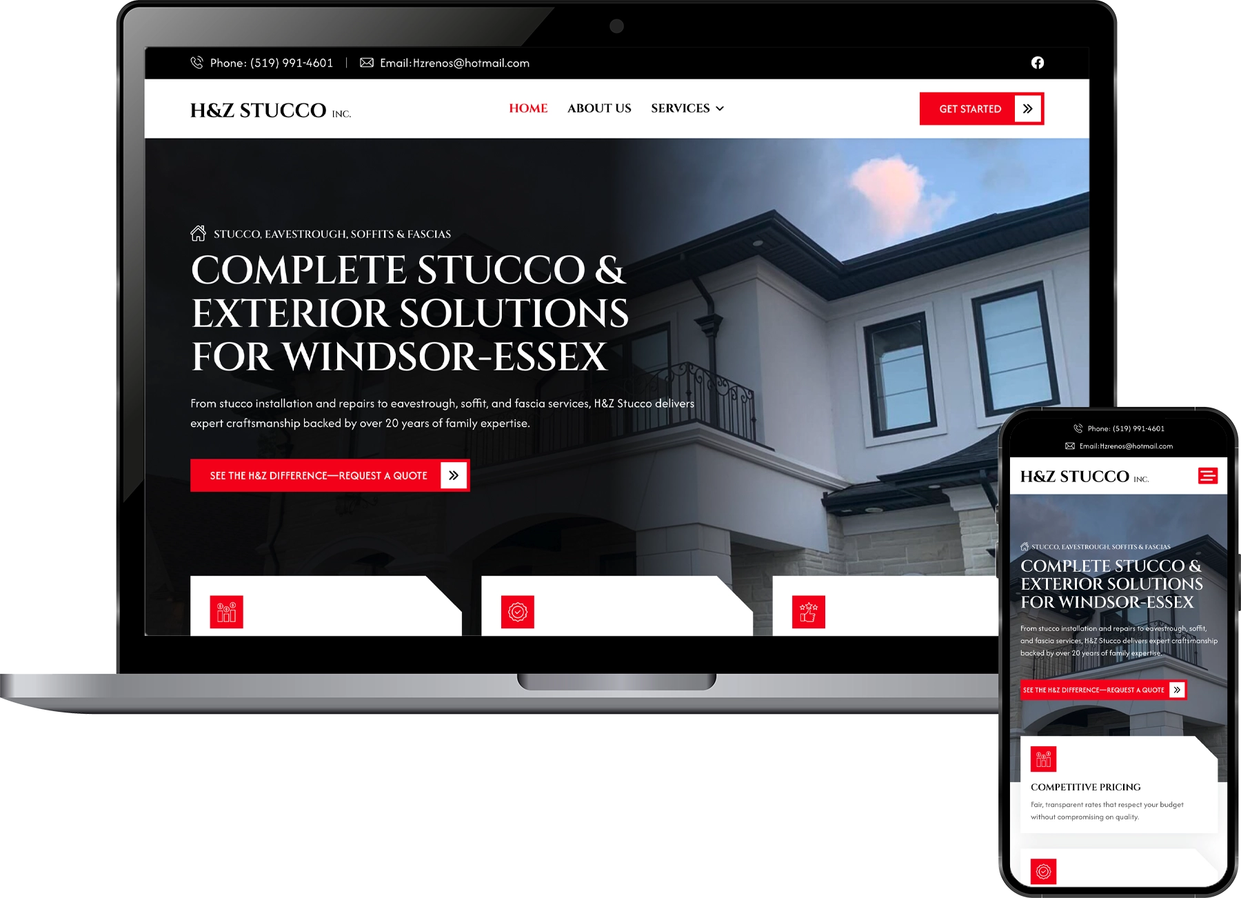 Homepage hero for H&Z Stucco: large white headline over a house exterior with a red 'See the H&Z difference—Request a quote' button.