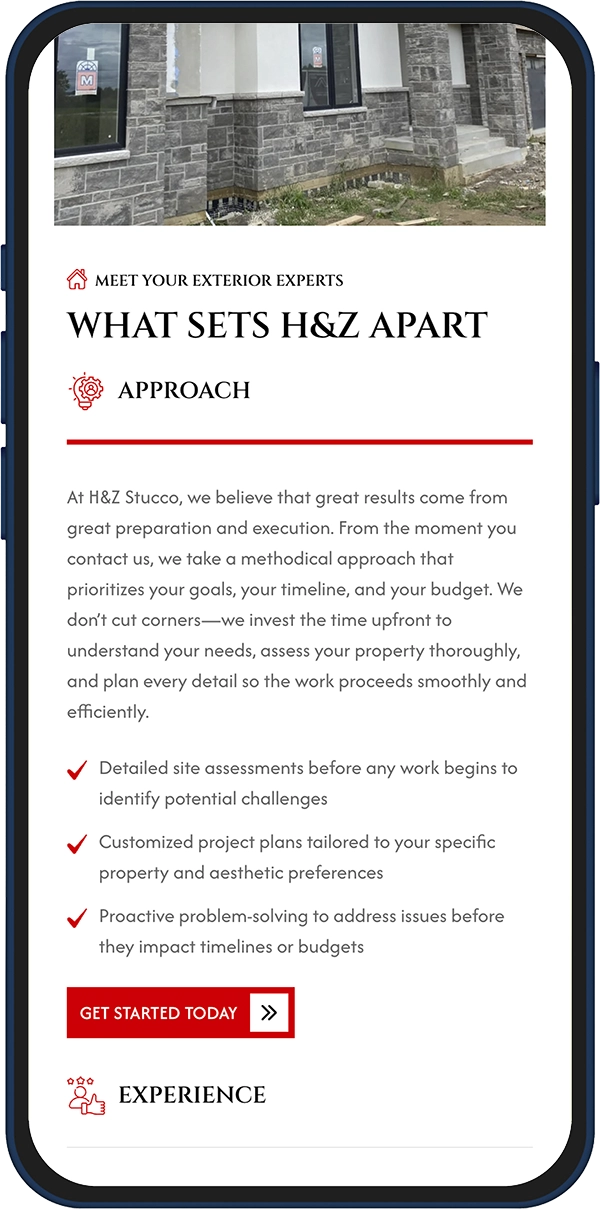 Mobile marketing page screenshot: hero photo of a stone exterior, headings 'Meet Your Exterior Experts' and 'What Sets H&Z Apart', 'Approach', bullet points, and a red 'Get Started Today' button.