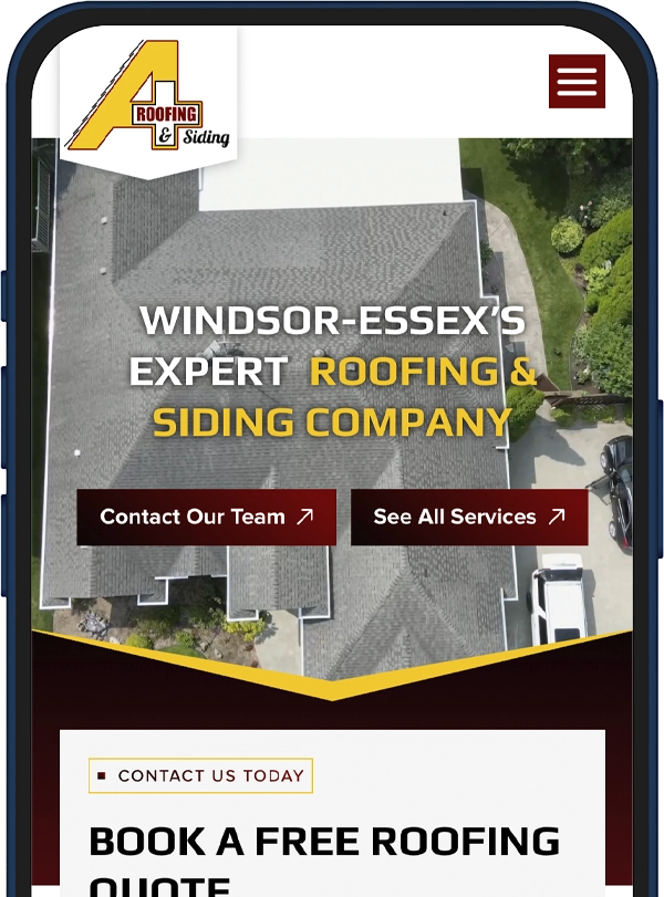 Aerial view of a house roof with bold white and yellow text reading 'Windsor-Essex's Expert Roofing & Siding Company', a logo in the top-left, a hamburger menu icon in the top-right, and two red call-to-action buttons reading 'Contact Our Team' and 'See All Services' on a dark maroon background.