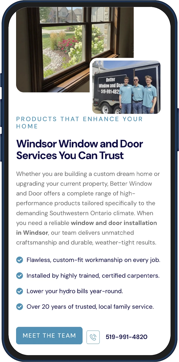 Hero image showing a window view of a landscaped garden, with a small overlay photo of a blue-shirted crew and their van