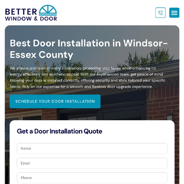 Better Window & Door hero banner with the headline 'Best Door Installation in Windsor-Essex County' over a house facade, featuring a blue CTA button and a curved white quote form overlay.