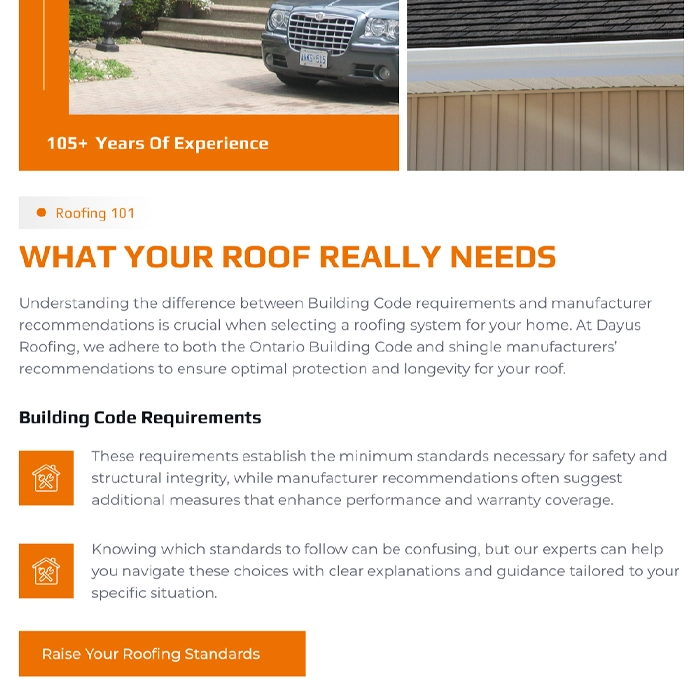 Split header with two photos and an orange '105+ Years Of Experience' strip, for a roofing article.3a8 The left shows a car on a driveway; the right shows roof siding.