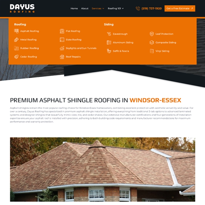 Hero section showing an orange services panel over a dark roof background, with the headline 'Premium Asphalt Shingle Roofing in Windsor-Essex' and a house roof image beneath.