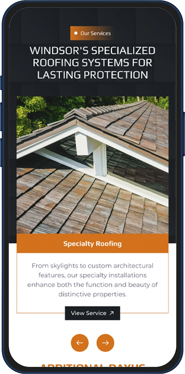 Ad banner for Windsor's Specialized Roofing Systems with an angled brown shingle roof and a 'View Service' button