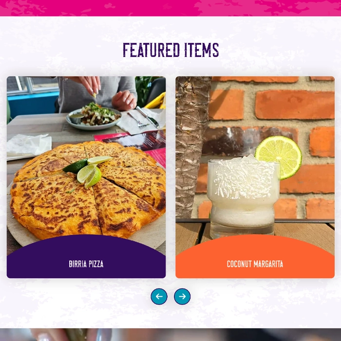 Two featured items: Birria pizza on the left and a coconut margarita on the right, each with lime garnish.