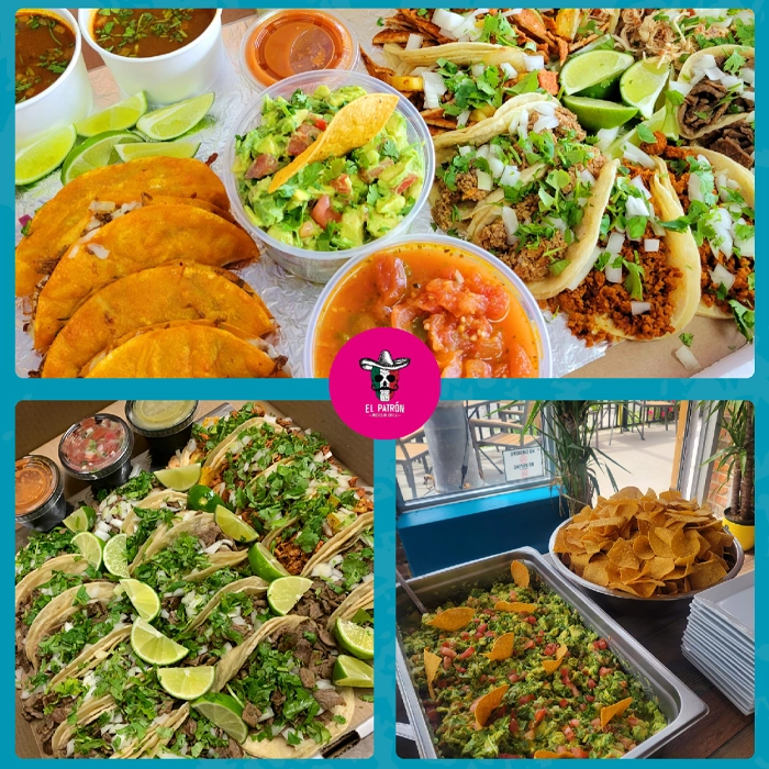 Colorful collage of Mexican dishes: tacos, guacamole, salsa, pico de gallo, lime wedges, and tortilla chips.
