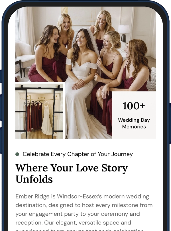 Bride in a white gown sits smiling, surrounded by five bridesmaids in burgundy dresses; inset shows gowns on a rack; '100+ Wedding Day Memories' text overlay.