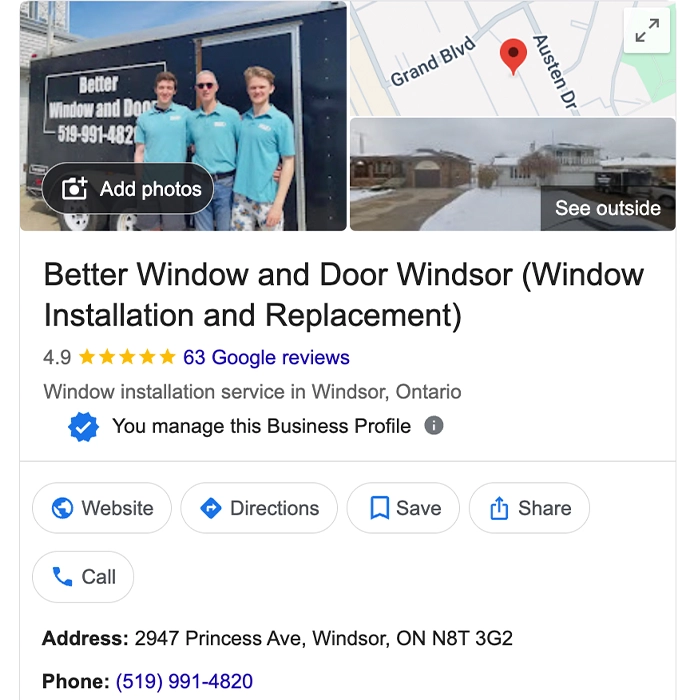 Collage for a window installation business: three workers in teal shirts beside a service trailer, plus a map pin and a snowy home image in the background.