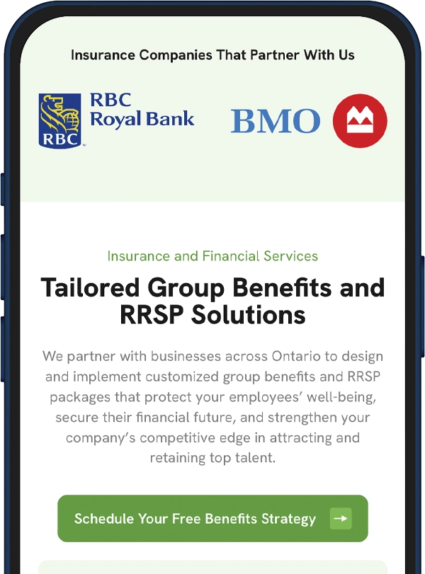 Promotional banner showing RBC Royal Bank and BMO logos with the headline 'Tailored Group Benefits and RRSP Solutions' and a green 'Schedule Your Free Benefits Strategy' button on a light background.