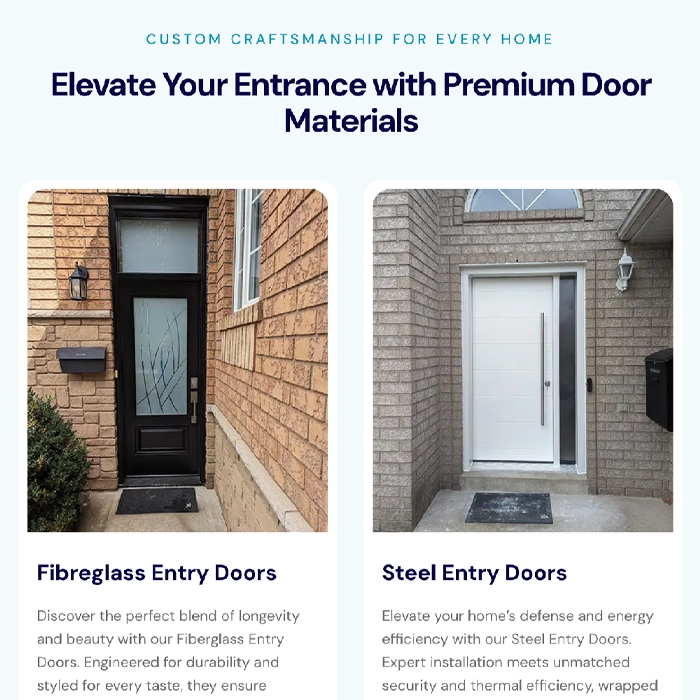 Two front-door options shown side by side: fibreglass entry door on the left and steel entry door on the right, with a blue header about premium door materials.