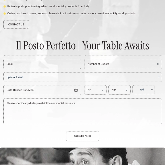 Booking/contact form: fields for email, guests, event, date, time, dietary notes, and a Submit button on a pale background.