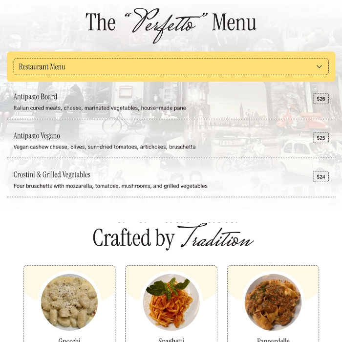 Restaurant menu page with a yellow dropdown, listing antipasto dishes and prices, and a 'Crafted by Tradition' section.