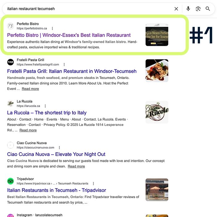 Search results page with Perfetto Bistro as the top listing, including its name, subtitle 'Windsor-Essex's Best Italian Restaurant', and a small image, highlighted in green.