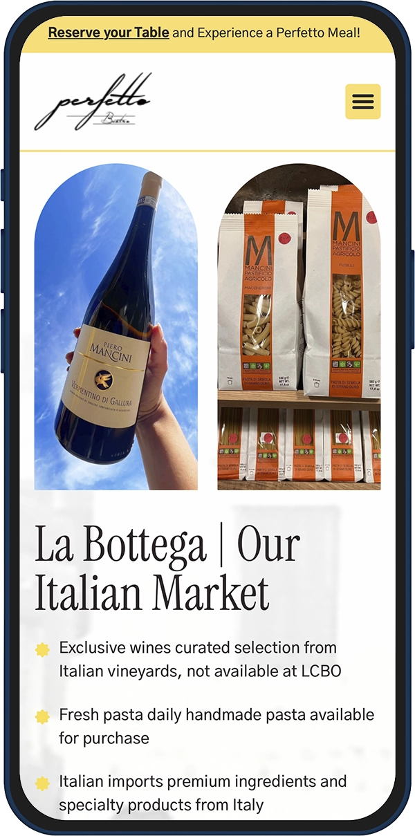 Hero collage: a wine bottle labeled Piero Mancini held up against a blue sky and a display of pasta bags on a shelf, for La Bottega | Our Italian Market (promo imagery).