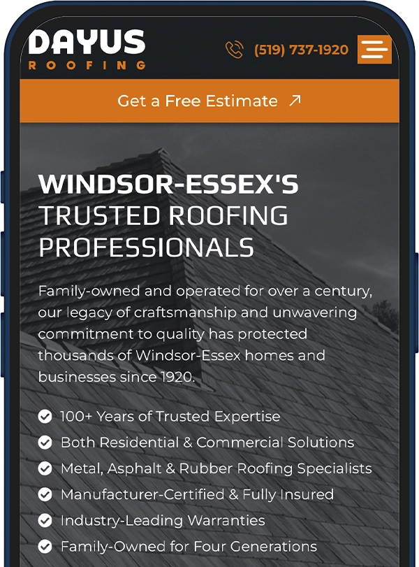 Windsor-Essex's trusted roofing professionals: family-owned since 1920, offering residential and commercial roofing with warranties, on a page with a 'Get a Free Estimate' banner.