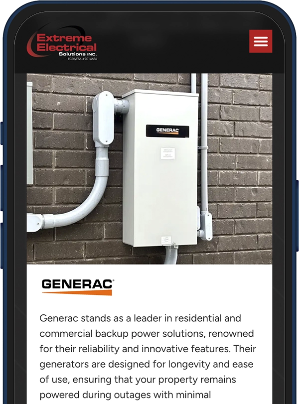 Outdoor Generac backup power unit mounted on a brick wall with electrical conduit visible.