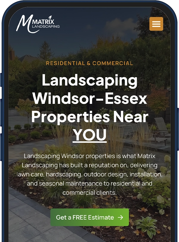 Hero banner for Matrix Landscaping showing a landscaped yard with bold white text 'Landscaping Windsor-Essex Properties Near You' and a green 'Get a FREE Estimate' button; logo in corner.