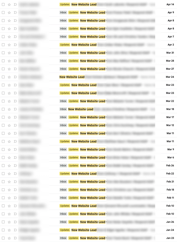 Blurred email inbox list with repeated tags 'Updates' (yellow) and 'New Website Lead' (gray) beside subjects.