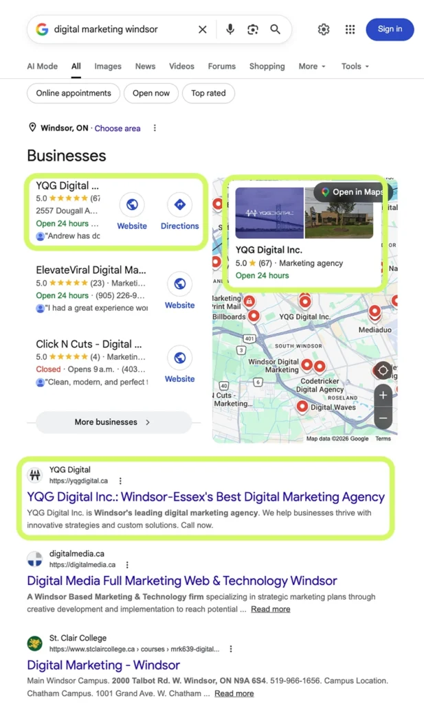 Google search results for 'digital marketing Windsor' showing business listings, a map with pins, and highlighted YQG Digital Inc. results