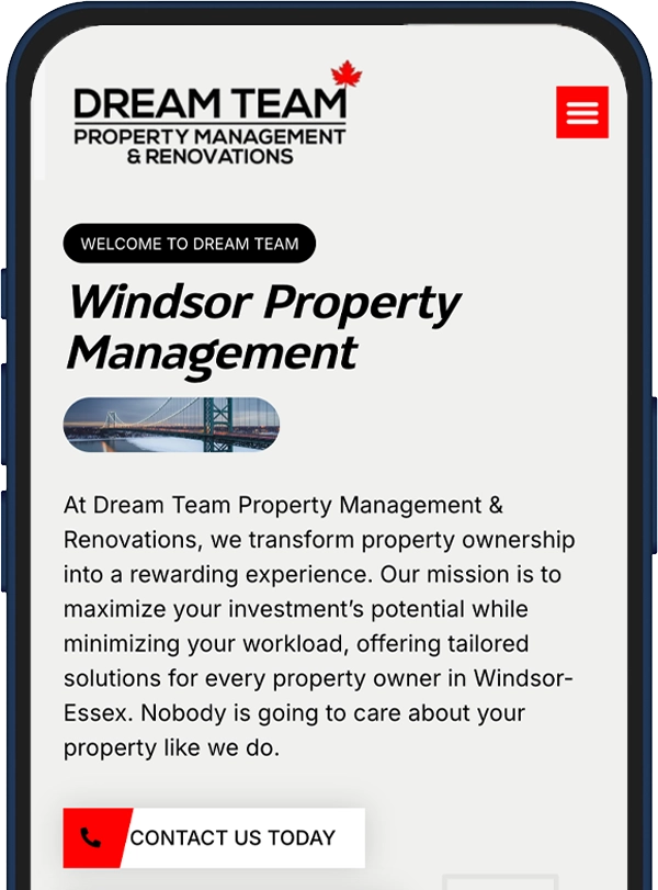 Mobile hero for Windsor Property Management on Dream Team site: logo, 'Welcome to Dream Team' badge, bold 'Windsor Property Management' title, bridge image, intro paragraph, and 'Contact Us Today' button with phone icon.